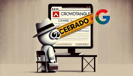 Una ilustración minimalista y divertida muestra a un personaje estilo dibujo animado observando una pantalla de computadora apagada con un cartel de "cerrado". En el fondo, un logo simplificado de Meta se desvanece, simbolizando el cierre de CrowdTangle. La imagen utiliza colores suaves y un diseño sencillo para representar de manera amigable la transición a nuevas herramientas de monitoreo de información.