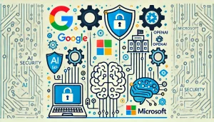 Una imagen minimalista y divertida que representa la colaboración entre gigantes tecnológicos como Google, Microsoft y OpenAI para mejorar la seguridad en la inteligencia artificial. La ilustración muestra iconos simples de engranajes interconectados, un escudo y un cerebro con circuitos, simbolizando la cooperación, la seguridad y la inteligencia artificial.