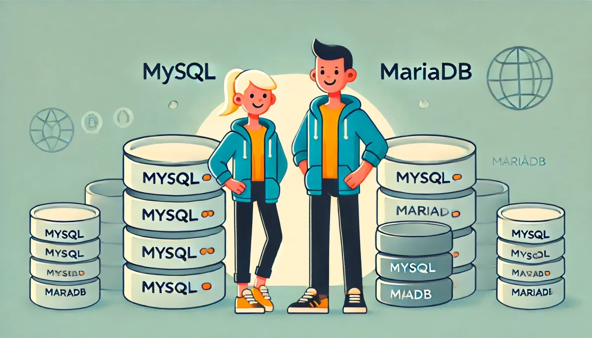 Una imagen minimalista y divertida que muestra a dos personajes estilizados representando a MySQL y MariaDB. MySQL, con un aspecto tradicional y estable, y MariaDB, con un diseño moderno y dinámico, se encuentran en un entorno tecnológico con iconos de servidores y bases de datos. Ambos personajes tienen una expresión amistosa, simbolizando la cooperación y las opciones disponibles en el mundo de las bases de datos.