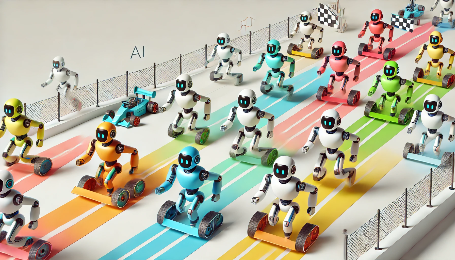 Una ilustración minimalista y divertida que representa la competencia entre empresas de inteligencia artificial. La imagen muestra varios robots estilizados y coloridos compitiendo en una pista de carreras. Cada robot representa diferentes modelos de IA, destacando uno pequeño y elegante al frente, simbolizando el modelo Mistral Large 2. El fondo es simple y brillante, resaltando la dinámica de la carrera.