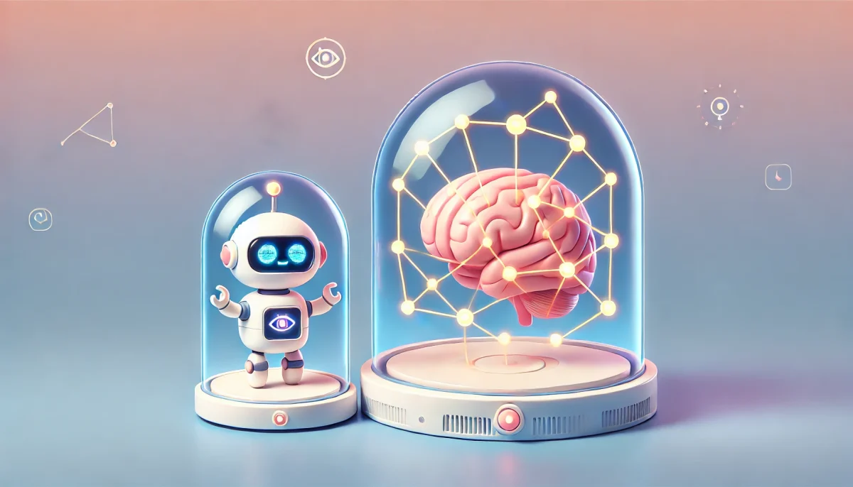 Imagen minimalista y divertida que representa un robot y un cerebro humano conectados por líneas neuronales, ilustrando el concepto de conciencia artificial en una simulación informática.