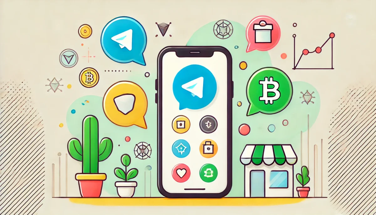 Ilustración minimalista y divertida que muestra un smartphone con íconos que representan Telegram, una tienda de aplicaciones y elementos de blockchain, indicando crecimiento e innovación tecnológica.