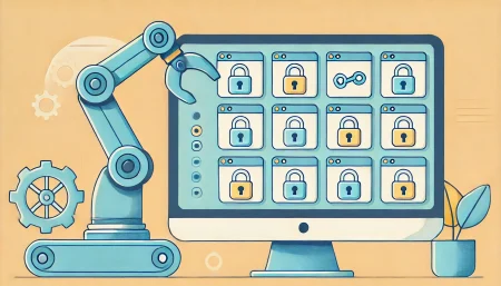Una ilustración minimalista y divertida muestra un brazo robótico intentando recolectar datos de varias ventanas cerradas en una pantalla de computadora. Las ventanas tienen símbolos de candados y cadenas, indicando acceso restringido. El fondo es simple con colores suaves y un diseño limpio.