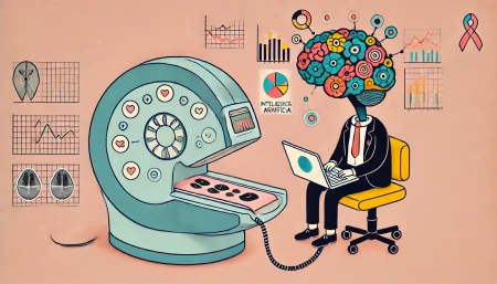 Una ilustración minimalista y divertida que muestra un mamógrafo estilizado conectado a un cerebro, representando la inteligencia artificial aplicada a la detección temprana del cáncer de mama. Del cerebro, emergen símbolos de datos y gráficos que indican el análisis avanzado de las imágenes.