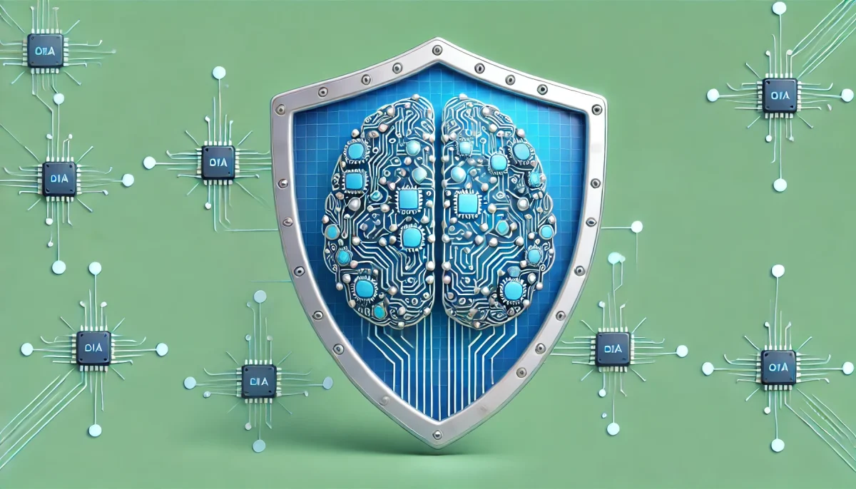 Una imagen minimalista y divertida que ilustra la seguridad de datos en inteligencia artificial. Se muestra un cerebro estilizado compuesto de circuitos y chips, simbolizando la tecnología y el conocimiento de la IA. Un escudo digital lo protege, representando la defensa contra ataques de datos maliciosos. La imagen utiliza tonos suaves de azul y verde para evocar tranquilidad y seguridad.