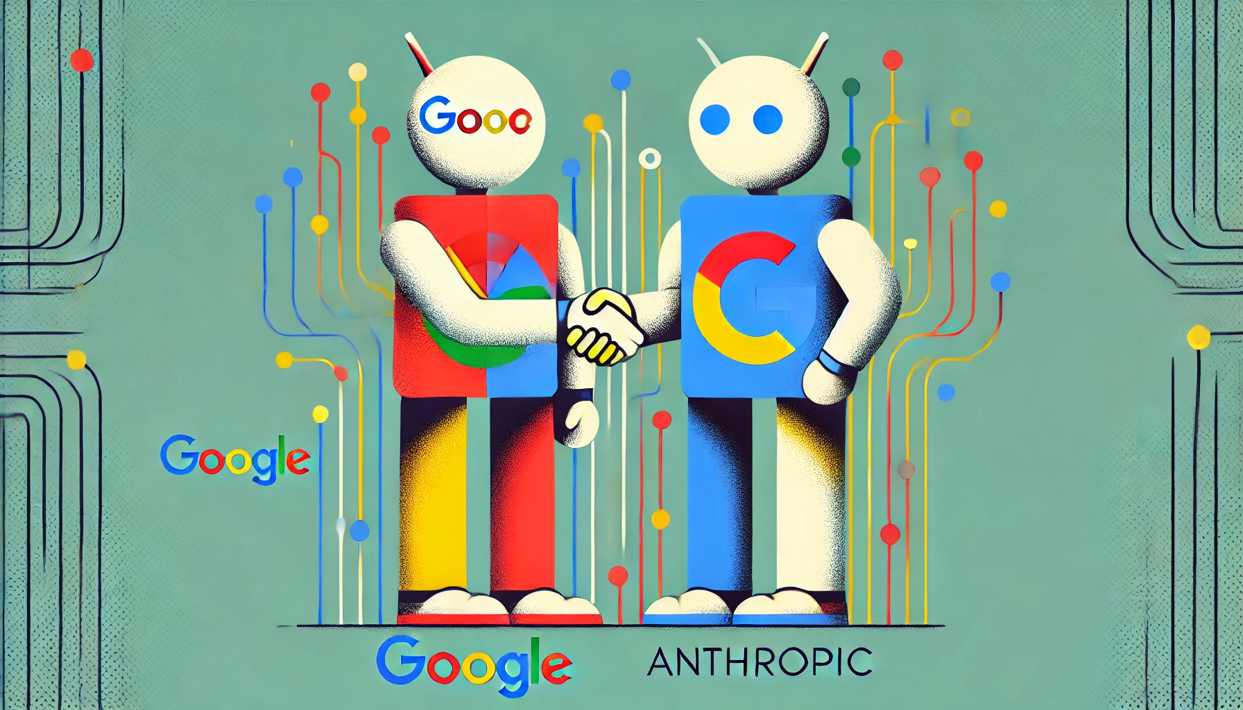 Una imagen minimalista y divertida que representa la colaboración entre Google y Anthropic en el ámbito de la inteligencia artificial. Dos personajes estilizados, uno con los colores de Google y otro con tonos neutros, se dan la mano sobre un fondo de líneas simples que simbolizan circuitos y redes tecnológicas.