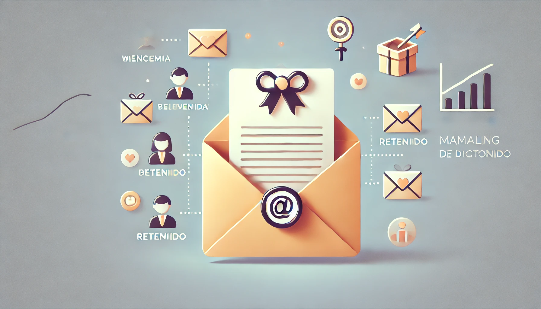 Una imagen minimalista y divertida que representa una secuencia de emails de bienvenida en el contexto del marketing digital. El enfoque está en un sobre de correo electrónico abierto, adornado con un lazo de regalo, simbolizando una cálida bienvenida a los nuevos usuarios. Alrededor del sobre, se encuentran iconos de usuarios y gráficos de crecimiento, que representan la retención de usuarios y el engagement. Los colores suaves y amigables en tonos pastel crean una atmósfera acogedora y profesional, destacando la importancia de una buena comunicación inicial con los nuevos usuarios.