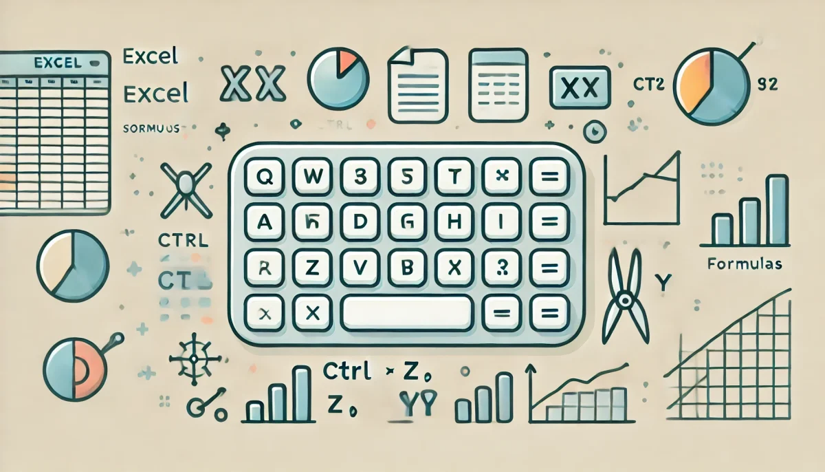 Ilustración minimalista y divertida que representa elementos clave relacionados con los atajos de teclado y fórmulas en Excel. La imagen muestra un teclado con teclas resaltadas como Ctrl, Z, Y, junto con íconos de gráficos y una calculadora, todo en un diseño limpio y amigable, ideal para un entorno profesional y educativo.