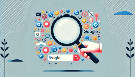 Una ilustración minimalista y divertida que representa el fin de la era Google. La imagen muestra una lupa grande, símbolo de búsqueda, siendo desplazada suavemente por íconos coloridos que representan nuevas tecnologías y empresas emergentes, como la inteligencia artificial, privacidad y motores de búsqueda alternativos. El fondo blanco realza los colores vibrantes de los íconos, transmitiendo un mensaje optimista sobre la transición tecnológica.