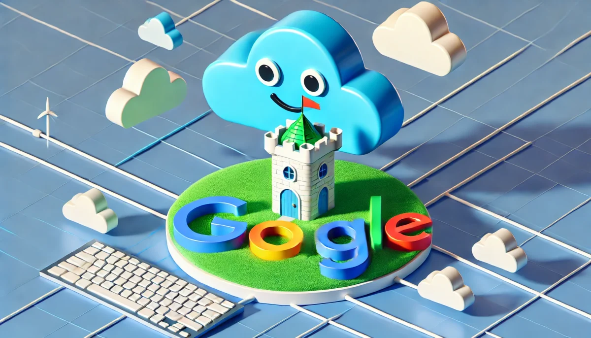 Imagen minimalista que muestra una pequeña fortaleza representando a la startup de ciberseguridad Wiz en un paisaje digital, rodeada por grandes nubes que simbolizan la computación en la nube, con un enorme logo de Google, amigable y caricaturesco, sobresaliendo en el fondo. Los colores vibrantes en tonos azules y verdes capturan la esencia lúdica y tecnológica del escenario.