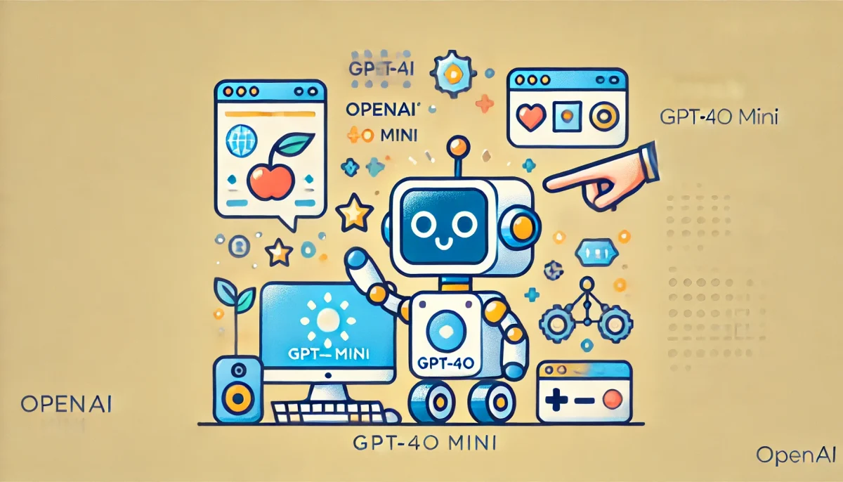 Imagen minimalista y divertida del lanzamiento de OpenAI's GPT-4o mini, con un pequeño robot alegre interactuando con elementos tecnológicos como una computadora, imágenes y símbolos de texto. Fondo limpio y colores suaves y vibrantes.