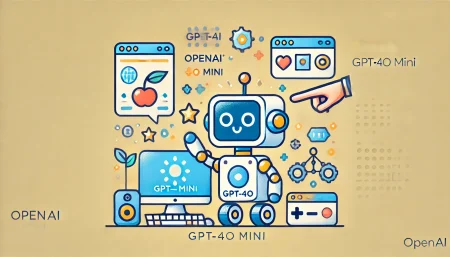 Imagen minimalista y divertida del lanzamiento de OpenAI's GPT-4o mini, con un pequeño robot alegre interactuando con elementos tecnológicos como una computadora, imágenes y símbolos de texto. Fondo limpio y colores suaves y vibrantes.