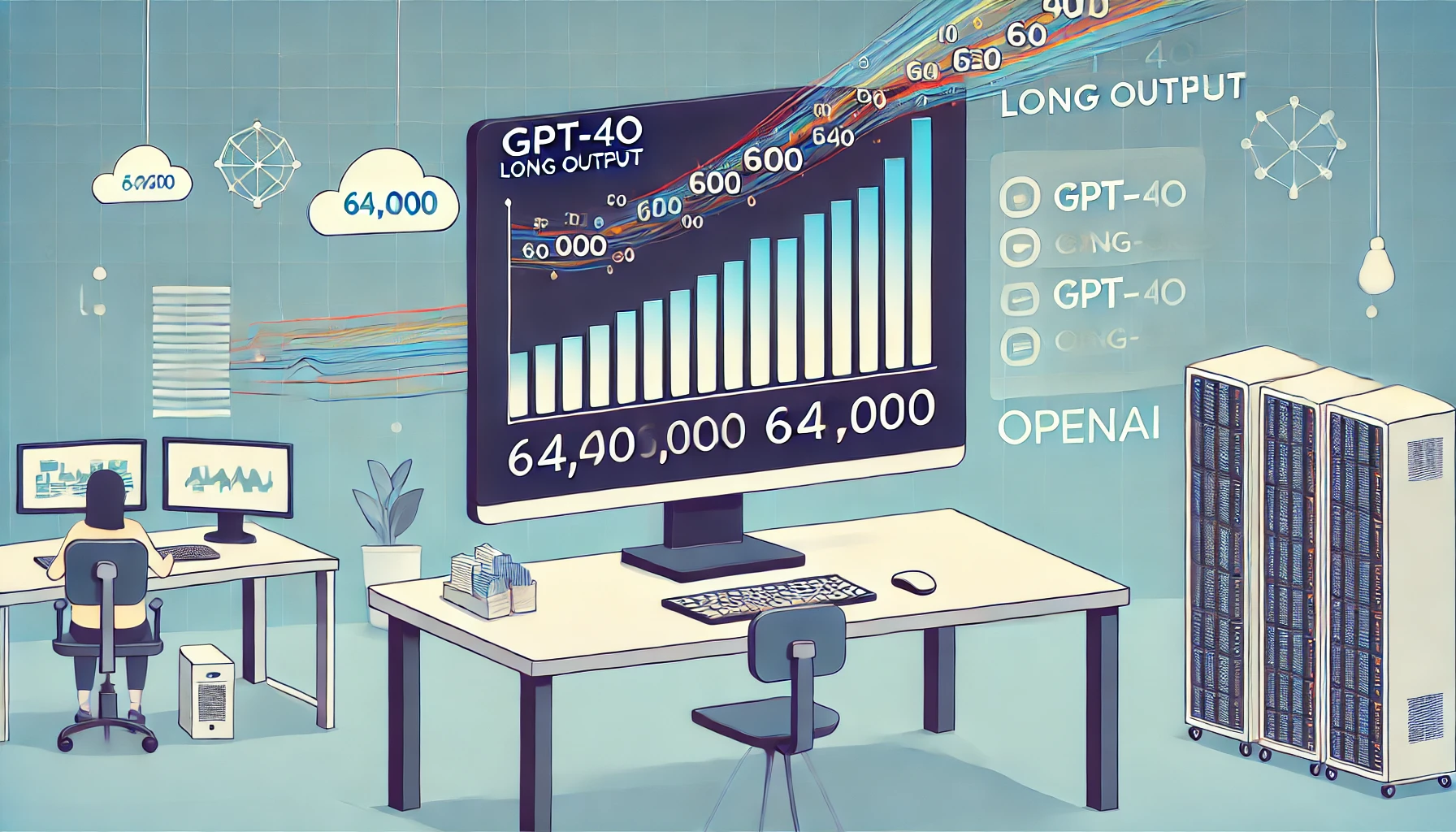 Una imagen minimalista que muestra una pantalla de computadora con un gráfico de barras, destacando una barra más alta que las demás para simbolizar la nueva capacidad de 64,000 tokens del modelo GPT-4o Long Output. Líneas de datos fluyen hacia afuera, representando el flujo de información extendido.