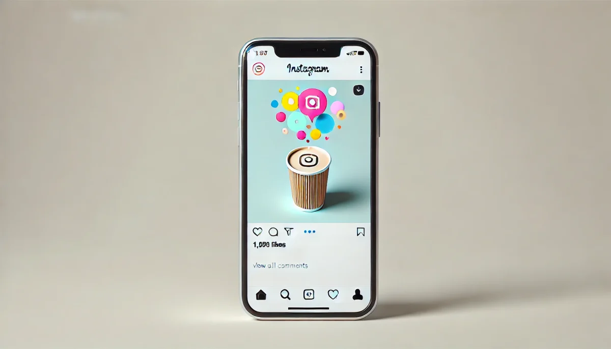 Una imagen minimalista y divertida que muestra un smartphone con una publicación de Instagram. La publicación tiene una foto de una taza de café con texto colorido y juguetón superpuesto, indicando la facilidad de añadir texto directamente en la aplicación. El fondo es simple y limpio, destacando el teléfono y la publicación.