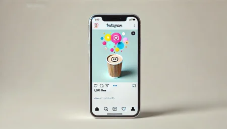 Una imagen minimalista y divertida que muestra un smartphone con una publicación de Instagram. La publicación tiene una foto de una taza de café con texto colorido y juguetón superpuesto, indicando la facilidad de añadir texto directamente en la aplicación. El fondo es simple y limpio, destacando el teléfono y la publicación.