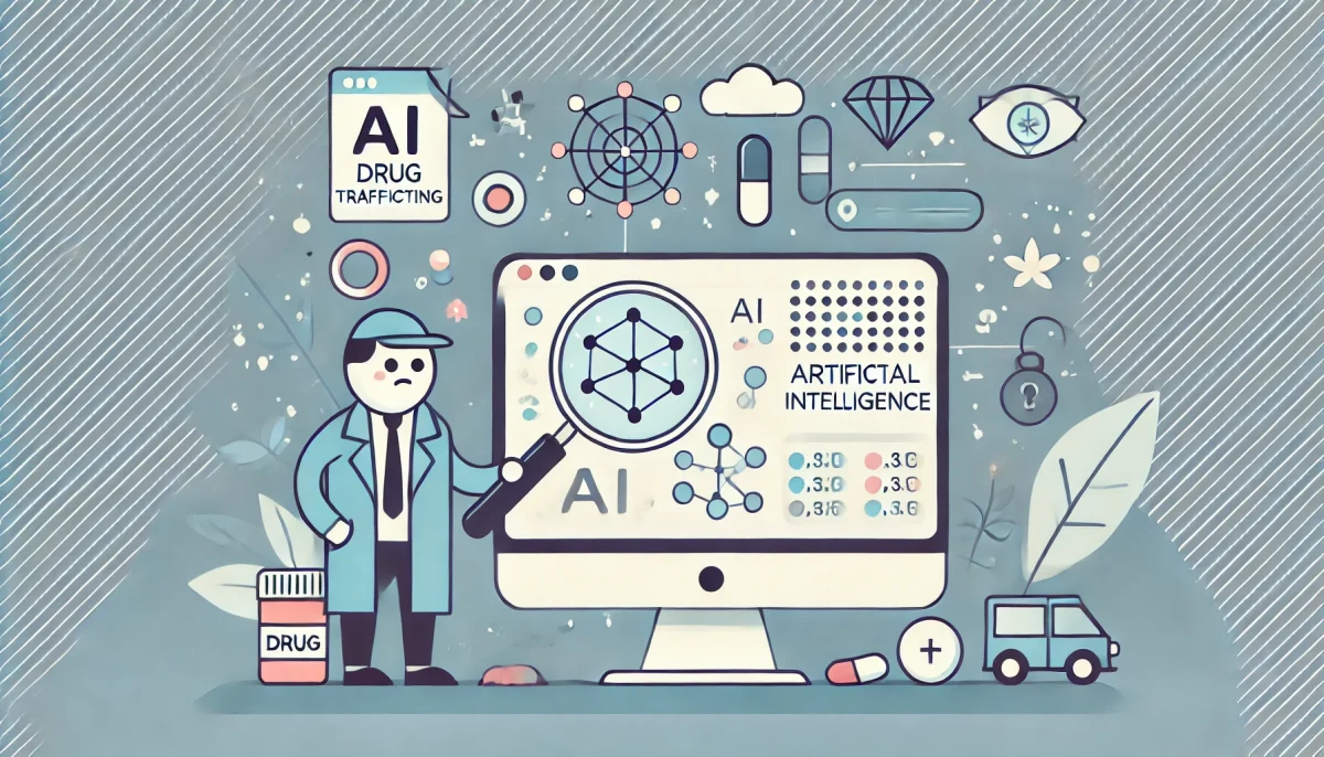 Una ilustración minimalista y divertida que muestra cómo la inteligencia artificial (IA) ayuda a reducir el tráfico de drogas. La imagen presenta a un detective con una lupa observando una pantalla de computadora con datos digitales y algoritmos de IA. En el fondo, se ven íconos sutiles de parafernalia de drogas y una red web, indicando la web oscura. Estilo simple, líneas limpias y paleta de colores claros.