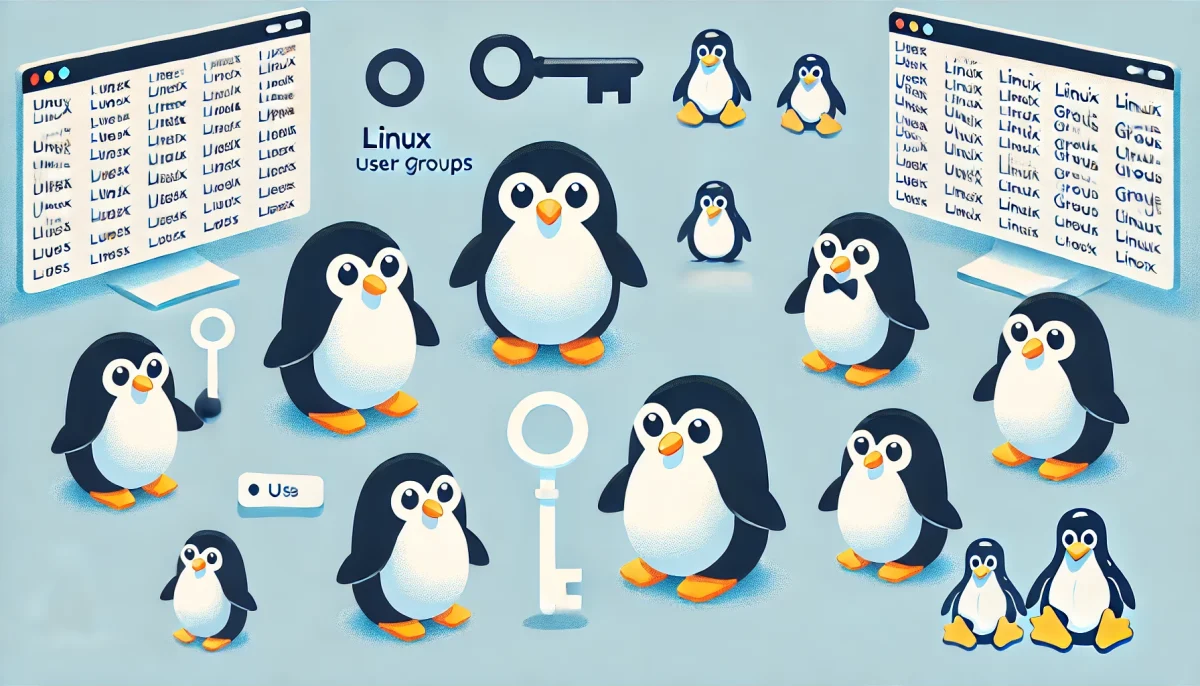 Una ilustración minimalista y divertida sobre la gestión de grupos en Linux, representada por pingüinos que simbolizan diferentes grupos de usuarios. Algunos pingüinos sostienen llaves, simbolizando el control de acceso. El fondo es de un azul claro, dando una sensación fresca y sencilla.