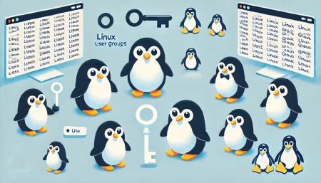Una ilustración minimalista y divertida sobre la gestión de grupos en Linux, representada por pingüinos que simbolizan diferentes grupos de usuarios. Algunos pingüinos sostienen llaves, simbolizando el control de acceso. El fondo es de un azul claro, dando una sensación fresca y sencilla.