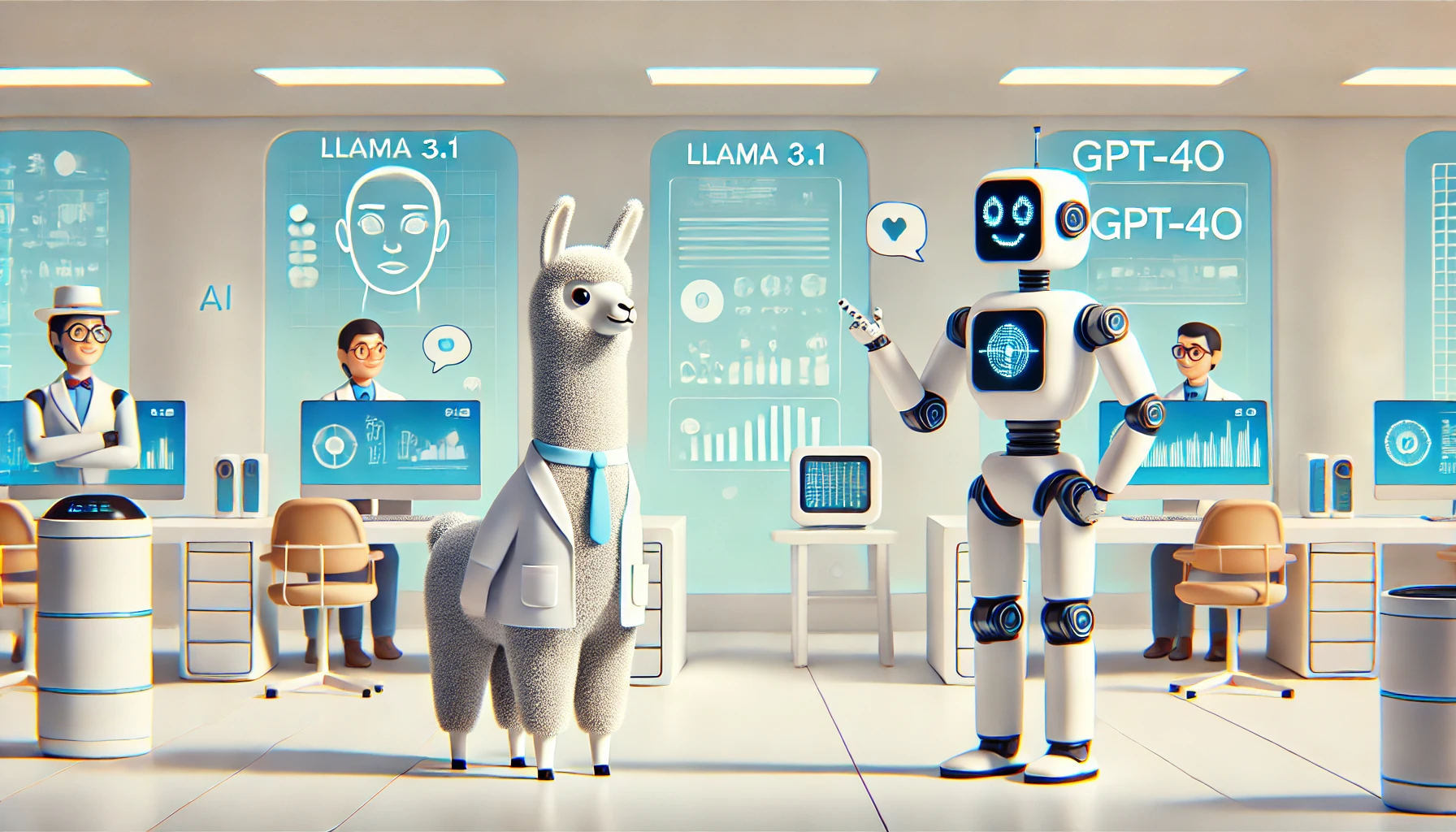 En esta imagen minimalista y juguetona, se muestra un debate amistoso entre los modelos de inteligencia artificial Llama 3.1 y GPT-4o, representados como personajes antropomorfizados en un ambiente tecnológico y colorido. Perfecta para artículos o presentaciones sobre la evolución y comparación de tecnologías de IA.