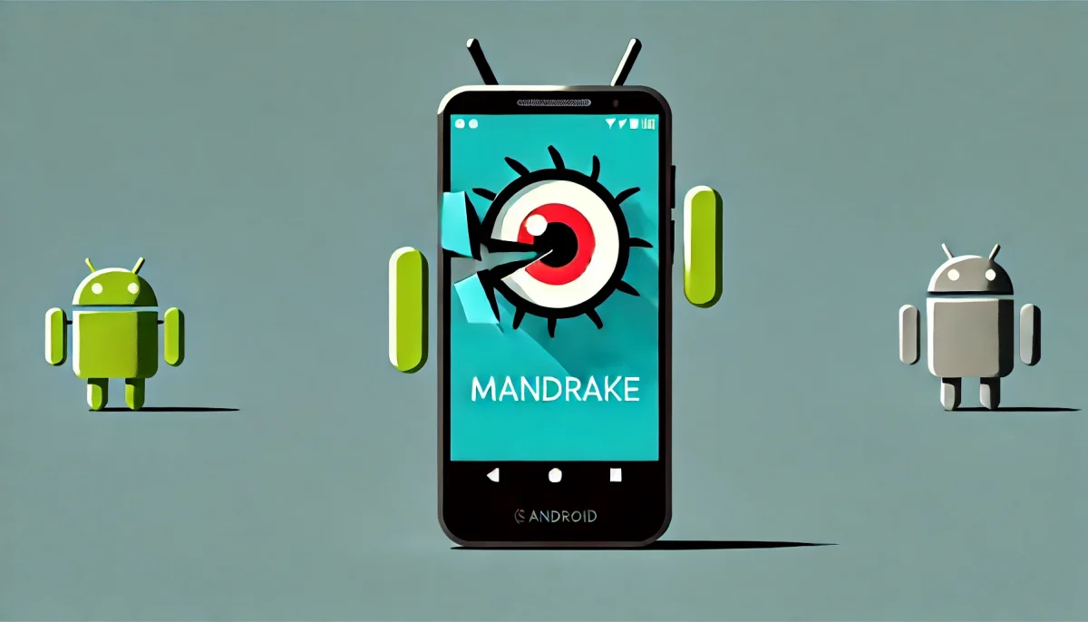 La imagen muestra un teléfono móvil con un candado roto y un ojo espía en la pantalla, simbolizando la vulnerabilidad y el espionaje en dispositivos Android debido al spyware Mandrake. Esta ilustración minimalista y divertida resalta el tema de la ciberseguridad y las amenazas digitales.