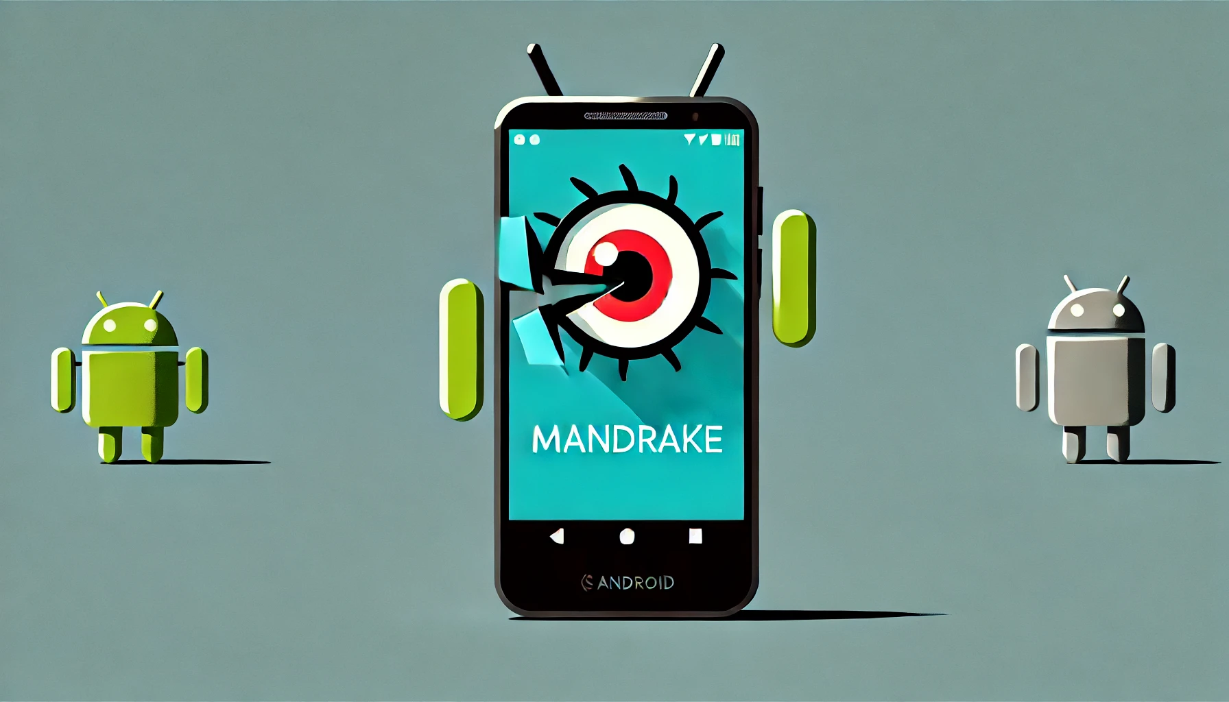 La imagen muestra un teléfono móvil con un candado roto y un ojo espía en la pantalla, simbolizando la vulnerabilidad y el espionaje en dispositivos Android debido al spyware Mandrake. Esta ilustración minimalista y divertida resalta el tema de la ciberseguridad y las amenazas digitales.