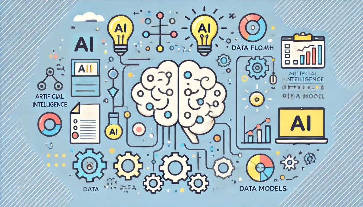 Una imagen minimalista y divertida que representa la inteligencia artificial y los modelos de datos. Incluye ilustraciones simples como un cerebro simbolizando la IA, gráficos de flujo de datos y íconos lúdicos como engranajes y bombillas para transmitir innovación y aprendizaje. La imagen utiliza un estilo limpio y moderno con una paleta de colores claros.