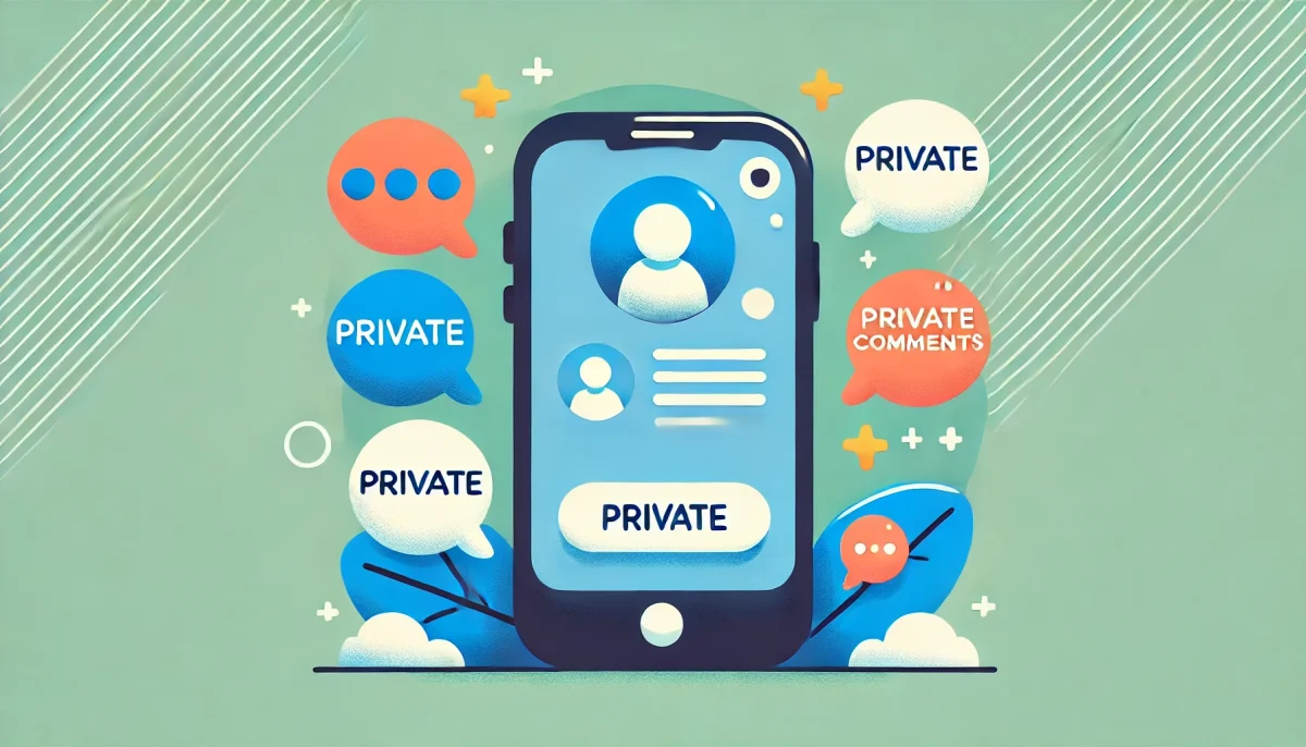 Una ilustración minimalista y divertida de un smartphone con burbujas de diálogo a su alrededor, representando comentarios privados e interacciones en redes sociales. El diseño es limpio y simple, con un toque lúdico, utilizando colores brillantes.
