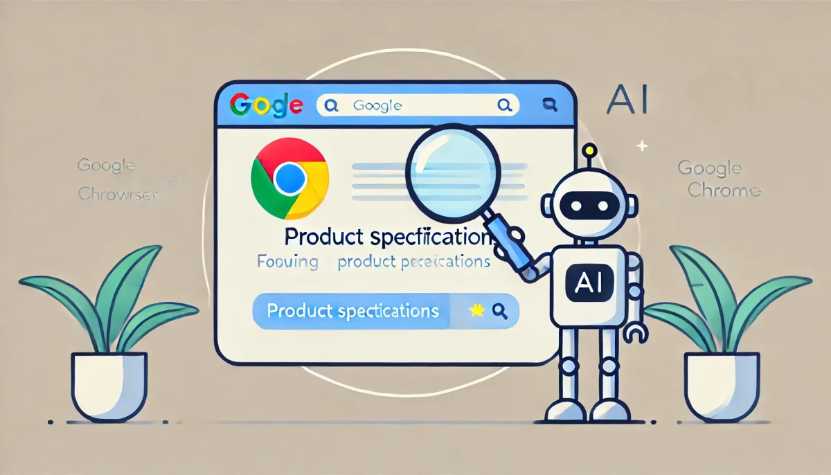 Ilustración minimalista y divertida de una ventana del navegador Google Chrome con un icono de lupa enfocado en las especificaciones de productos, con un elegante robot de IA asistiendo en el proceso. El fondo es claro con líneas y formas simples, enfatizando la claridad y facilidad de uso.
