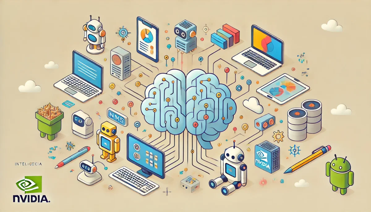 Ilustración minimalista y divertida que muestra un cerebro digital conectado a dispositivos tecnológicos, representando la integración de la inteligencia artificial y los NIMs en diversas aplicaciones. La imagen utiliza colores suaves y un diseño amigable para destacar la accesibilidad de estas tecnologías.