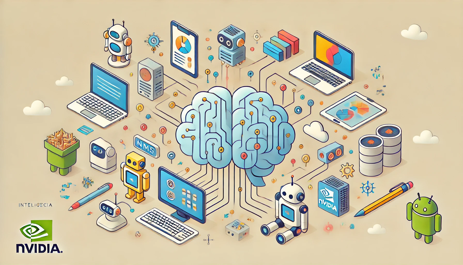 Ilustración minimalista y divertida que muestra un cerebro digital conectado a dispositivos tecnológicos, representando la integración de la inteligencia artificial y los NIMs en diversas aplicaciones. La imagen utiliza colores suaves y un diseño amigable para destacar la accesibilidad de estas tecnologías.