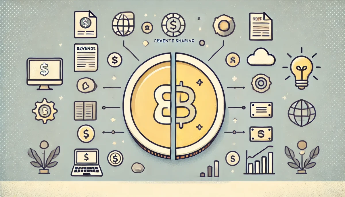 Una ilustración minimalista y divertida que muestra una moneda estilizada dividiéndose en dos mitades, simbolizando el concepto de reparto de ingresos entre una plataforma tecnológica y editores de contenido. Cada mitad está rodeada de iconos que representan los elementos tecnológicos y editoriales. La imagen utiliza colores suaves y formas lisas para crear una sensación amigable y accesible.