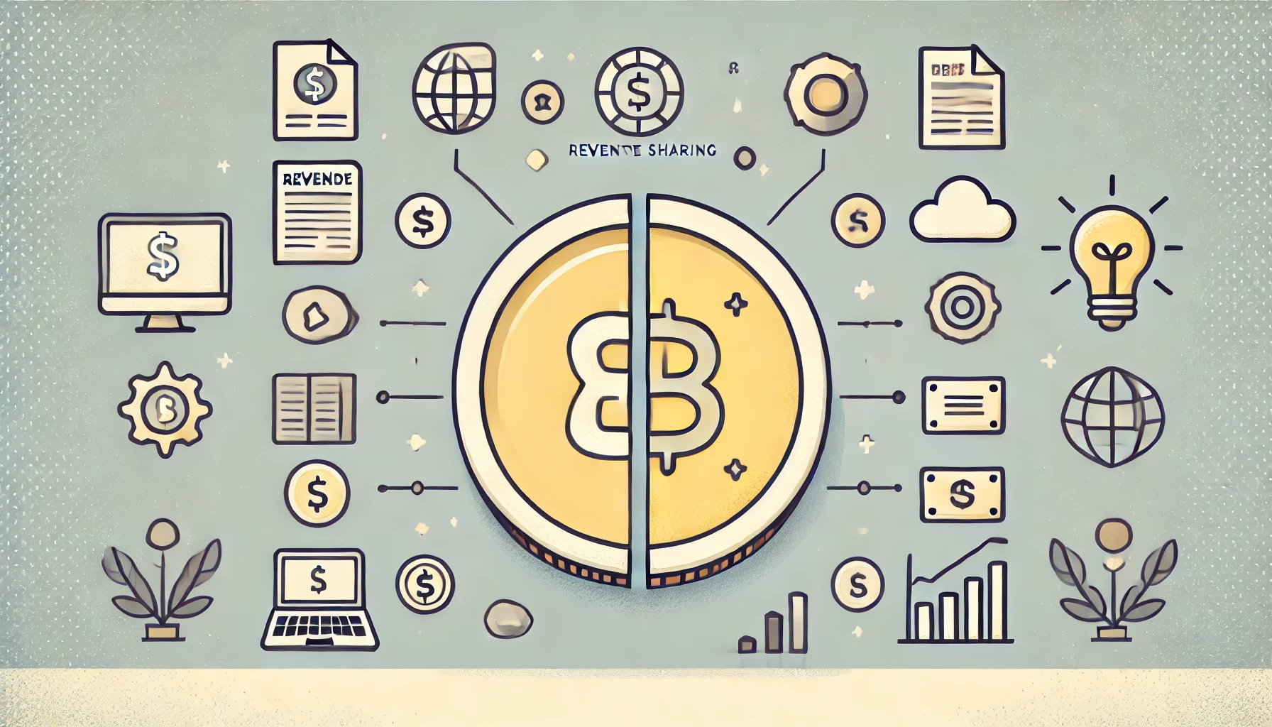 Una ilustración minimalista y divertida que muestra una moneda estilizada dividiéndose en dos mitades, simbolizando el concepto de reparto de ingresos entre una plataforma tecnológica y editores de contenido. Cada mitad está rodeada de iconos que representan los elementos tecnológicos y editoriales. La imagen utiliza colores suaves y formas lisas para crear una sensación amigable y accesible.