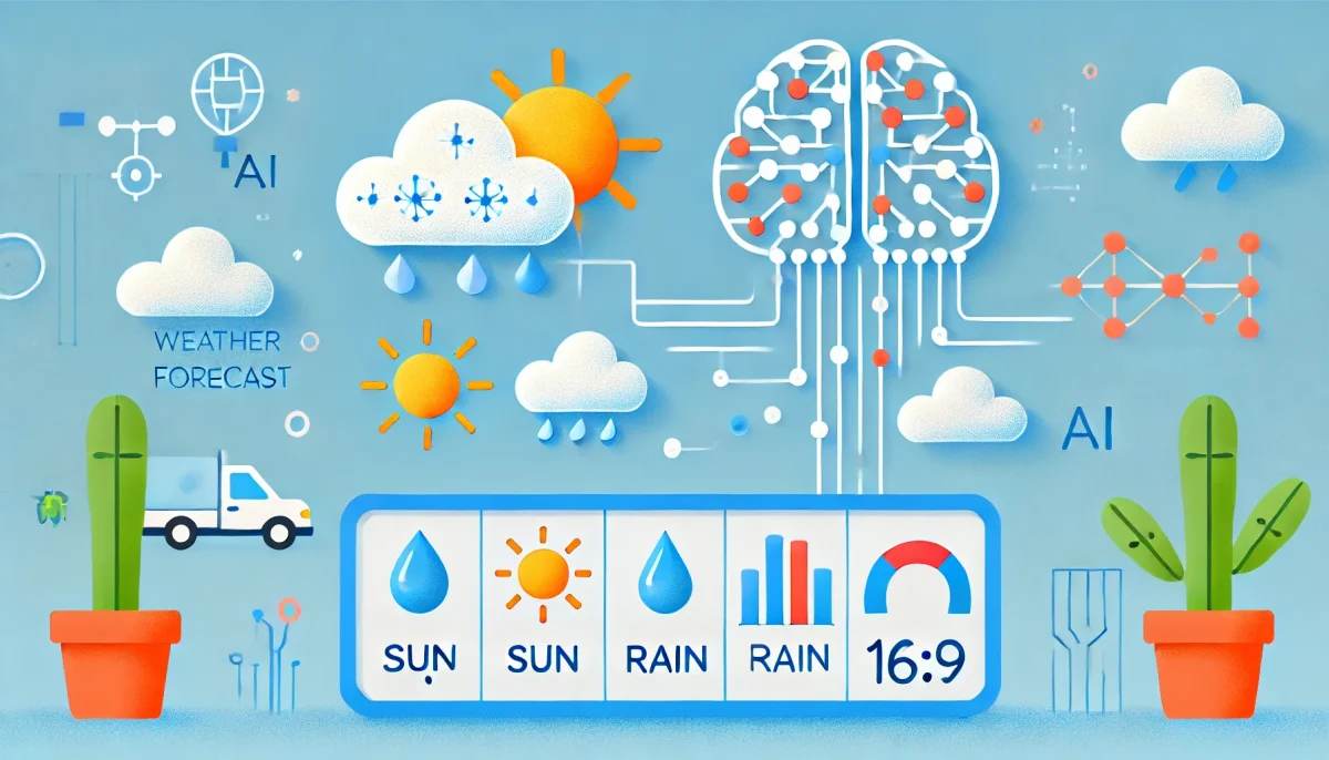 Imagen divertida y minimalista que representa la combinación de técnicas tradicionales y modernas de inteligencia artificial para la predicción del clima, con símbolos de clima y elementos de IA