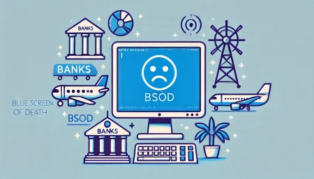 Ilustración minimalista y divertida mostrando una pantalla azul con un emoji triste, representando el problema de Pantalla Azul de la Muerte (BSOD). Alrededor de la pantalla, íconos pequeños de bancos, aviones y antenas de transmisión, simbolizando las industrias afectadas por el problema. Diseño limpio y simple con un toque ligero.