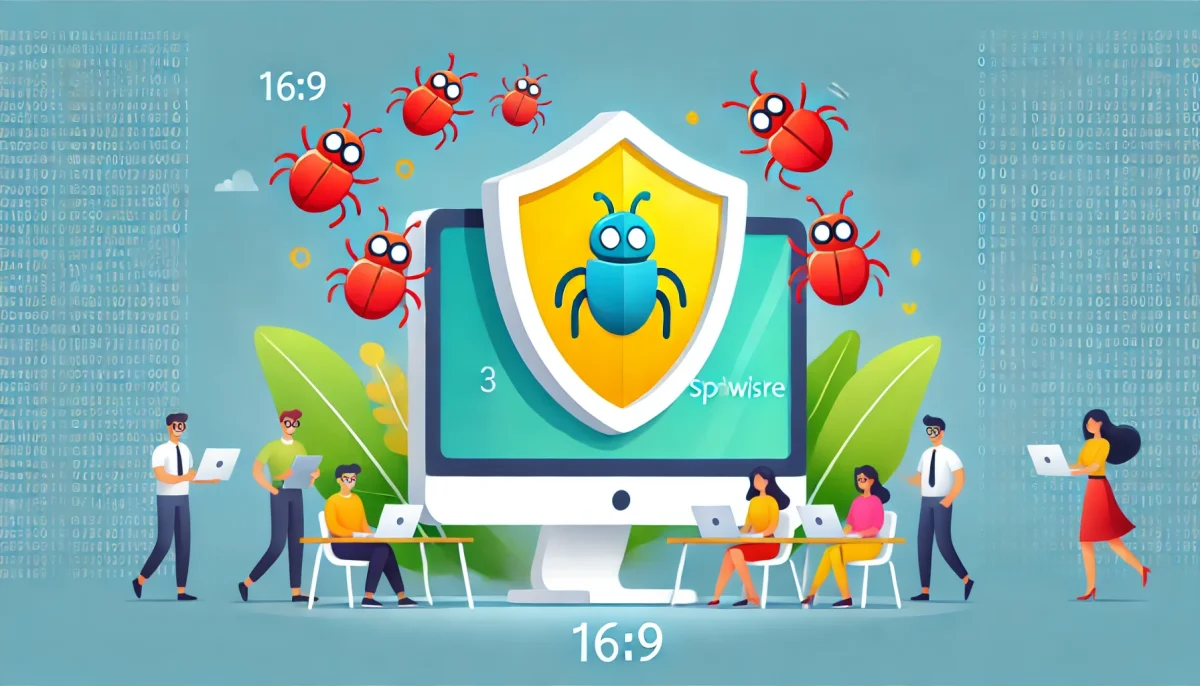 Una imagen minimalista y divertida que muestra la lucha contra el spyware. La ilustración presenta un escudo de computadora tipo caricatura protegiendo a un grupo de personas de los bugs de spyware que se acercan. El fondo es simple, con colores brillantes y limpios que transmiten una atmósfera positiva y protectora.