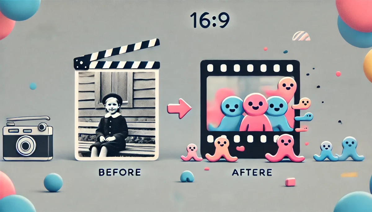 Una imagen minimalista y divertida que muestra la transformación de una foto antigua en blanco y negro a una versión animada y colorida. El fondo es simple con colores pastel suaves, destacando el cambio de estático a dinámico de manera juguetona y atractiva.