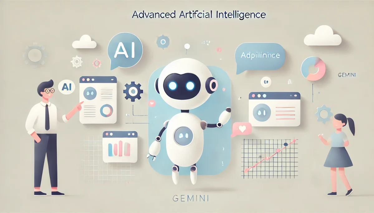 Una imagen minimalista y divertida que representa la inteligencia artificial avanzada en Gemini. Un robot amigable interactúa con elementos digitales como burbujas de chat, gráficos y archivos de datos. El diseño es limpio y usa colores pastel suaves para transmitir un tono acogedor.