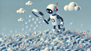 Una ilustración minimalista y divertida que representa a un robot con una lupa explorando entre nubes de datos, simbolizando la recolección de datos sin permiso en inteligencia artificial. Las nubes contienen íconos de documentos, teléfonos y computadoras, reflejando la idea de datos no autorizados.