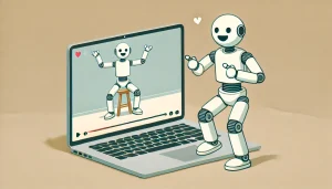 Una ilustración minimalista y divertida de un robot viendo un video en una laptop y tratando de imitar las acciones mostradas en la pantalla. El diseño del robot es simple y limpio, con una expresión alegre. El fondo es plano y despejado, enfatizando la interacción entre el robot y la laptop.