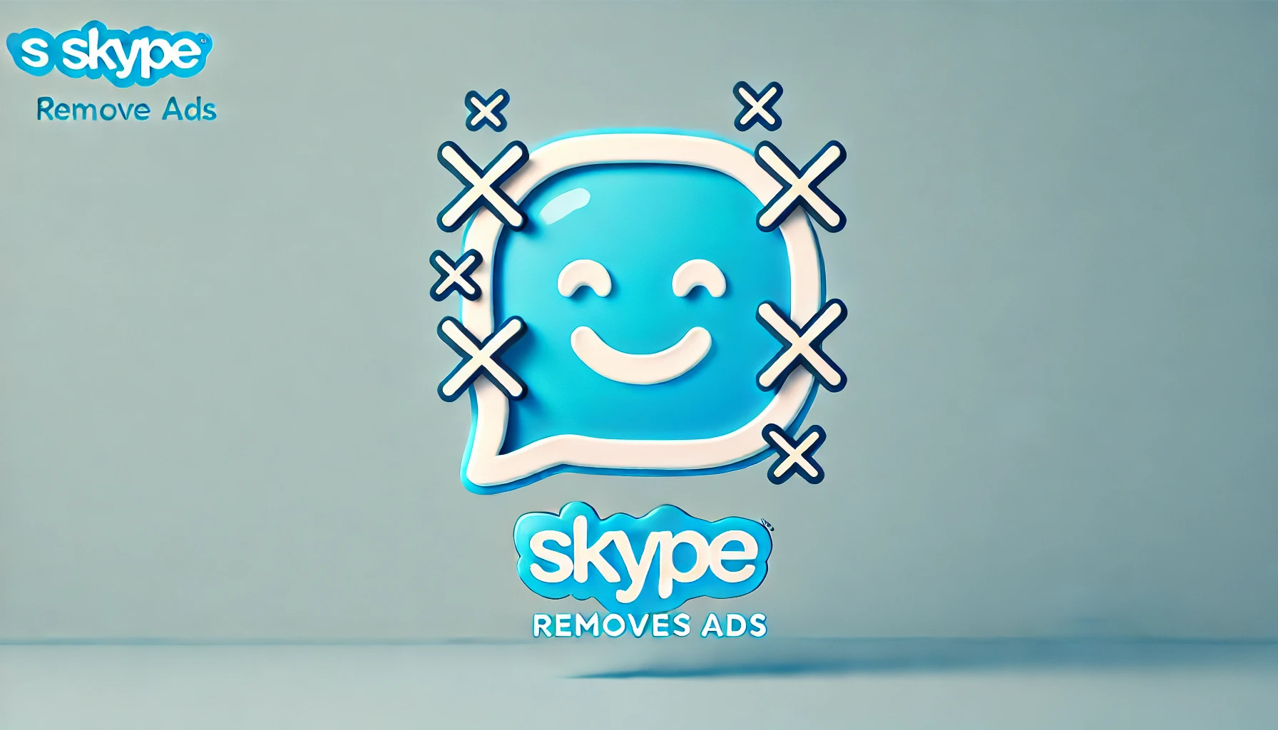 Una imagen minimalista y divertida que representa la eliminación de anuncios en Skype. Muestra un burbuja de chat clásica de Skype con pequeños elementos estilizados como anuncios tachados y una carita sonriente, simbolizando una experiencia de usuario limpia y feliz. El fondo es de un azul claro, evocando el color característico de Skype, creando una sensación de frescura y facilidad de uso.