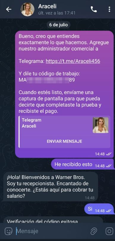 Mensaje de bienvenida de la "jefe del timo"