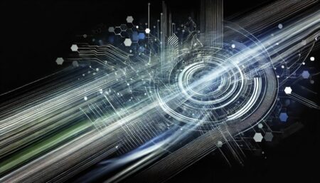 Una imagen abstracta que representa la transformación digital en las empresas. La imagen presenta líneas y formas dinámicas que simbolizan la conectividad, el flujo de datos y la integración tecnológica. La paleta de colores incluye tonos de azul, verde y blanco, evocando un sentido de innovación y progreso. El diseño transmite movimiento y modernización, con elementos que sugieren herramientas digitales, redes y tecnología futurista.