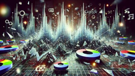 Una representación abstracta del impacto de los cambios en el algoritmo de Google en los negocios en línea pequeños. La imagen incluye elementos simbólicos como gráficos fluctuantes, piezas de contenido digital fragmentadas y una sensación de disrupción. El fondo es una mezcla de colores oscuros y claros, indicando el contraste entre el éxito y la lucha en el mundo digital.