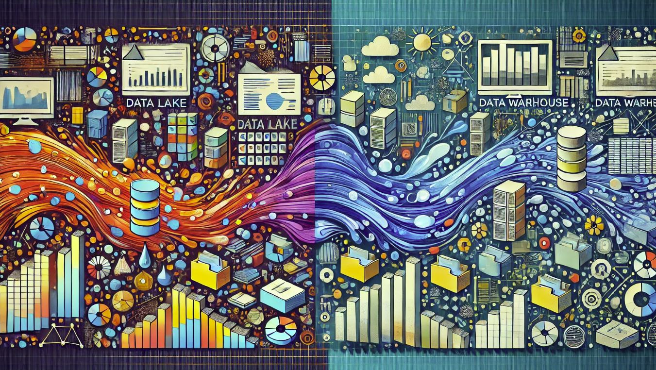 La imagen abstracta representa las diferencias entre un data lake y un data warehouse. El lado izquierdo muestra un flujo caótico y vibrante de datos sin procesar, simbolizando un data lake con varios íconos de datos y colores brillantes. El lado derecho presenta un arreglo ordenado y estructurado, simbolizando un data warehouse, con bloques organizados, patrones de cuadrícula y colores tenues y consistentes. Esta representación visual destaca las principales características y usos de cada tipo de almacenamiento de datos en el mundo de la tecnología y la gestión de datos.