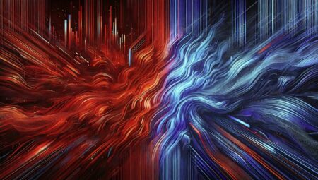 Imagen abstracta vibrante que representa la interacción entre los equipos de ciberseguridad. En el lado izquierdo, tonos rojos oscuros y líneas afiladas simbolizan las estrategias agresivas del Equipo Rojo. En el lado derecho, tonos azules profundos y líneas suaves ilustran las medidas defensivas del Equipo Azul. En el centro, una mezcla de rojo y azul muestra el choque y la interacción entre ataque y defensa en la ciberseguridad.