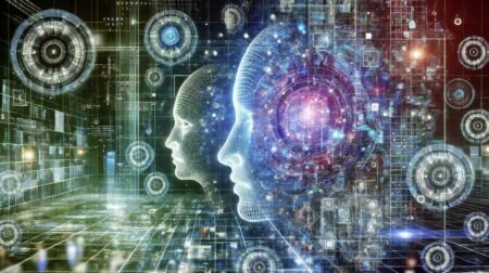 Imagen abstracta de un paisaje digital futurista que muestra representaciones de rostros y voces manipuladas por inteligencia artificial. La imagen transmite una sensación de control y tecnología, con elementos como redes digitales, interfaces holográficas y avatares generados por IA. La paleta de colores combina azules, verdes y púrpuras para dar un aspecto digital y de alta tecnología.