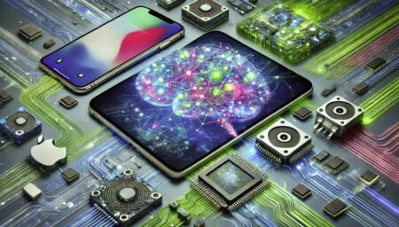 Una imagen abstracta que representa la integración de la inteligencia artificial en el ecosistema de Apple. La imagen muestra redes neuronales vibrantes y circuitos digitales que se fusionan con dispositivos Apple modernos como iPhones y Macs. La paleta de colores incluye tonos de azul, verde y blanco para simbolizar la tecnología y la innovación.