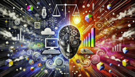 Una representación abstracta del equilibrio entre la tecnología y la educación. La imagen muestra elementos simbólicos como dispositivos digitales, libros y bombillas entrelazados con patrones y colores abstractos, representando tanto los aspectos positivos como negativos de la integración tecnológica en las aulas. Los colores brillantes y oscuros se mezclan, creando una composición dinámica y provocadora.