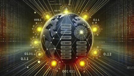 Representación abstracta de una vulnerabilidad de red, mostrando una cuadrícula digital con nodos resaltados que simbolizan servidores comprometidos. Utiliza colores oscuros para representar el peligro y líneas brillantes para indicar las conexiones de red. El fondo presenta un patrón sutil de código binario, enfatizando el aspecto digital del problema.