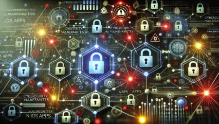 Una representación abstracta de las vulnerabilidades de ciberseguridad en aplicaciones de iOS. La imagen muestra nodos interconectados, candados digitales, cadenas rotas y señales de advertencia, todo en una paleta de colores oscuros con resaltes luminosos en rojo y azul. Esta composición visual simboliza la complejidad y el riesgo de las brechas de seguridad en el software de código abierto utilizado en dispositivos Apple.